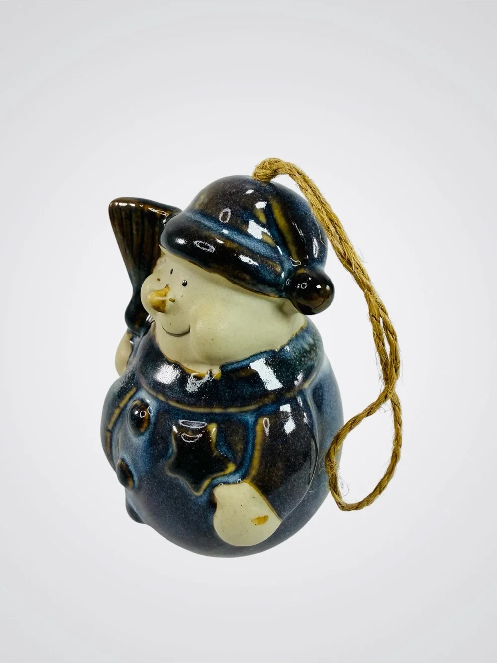 Ceramic Glazed Snowman Hanging Bell Christmas Ornament Cobalt Blue Gold Broom